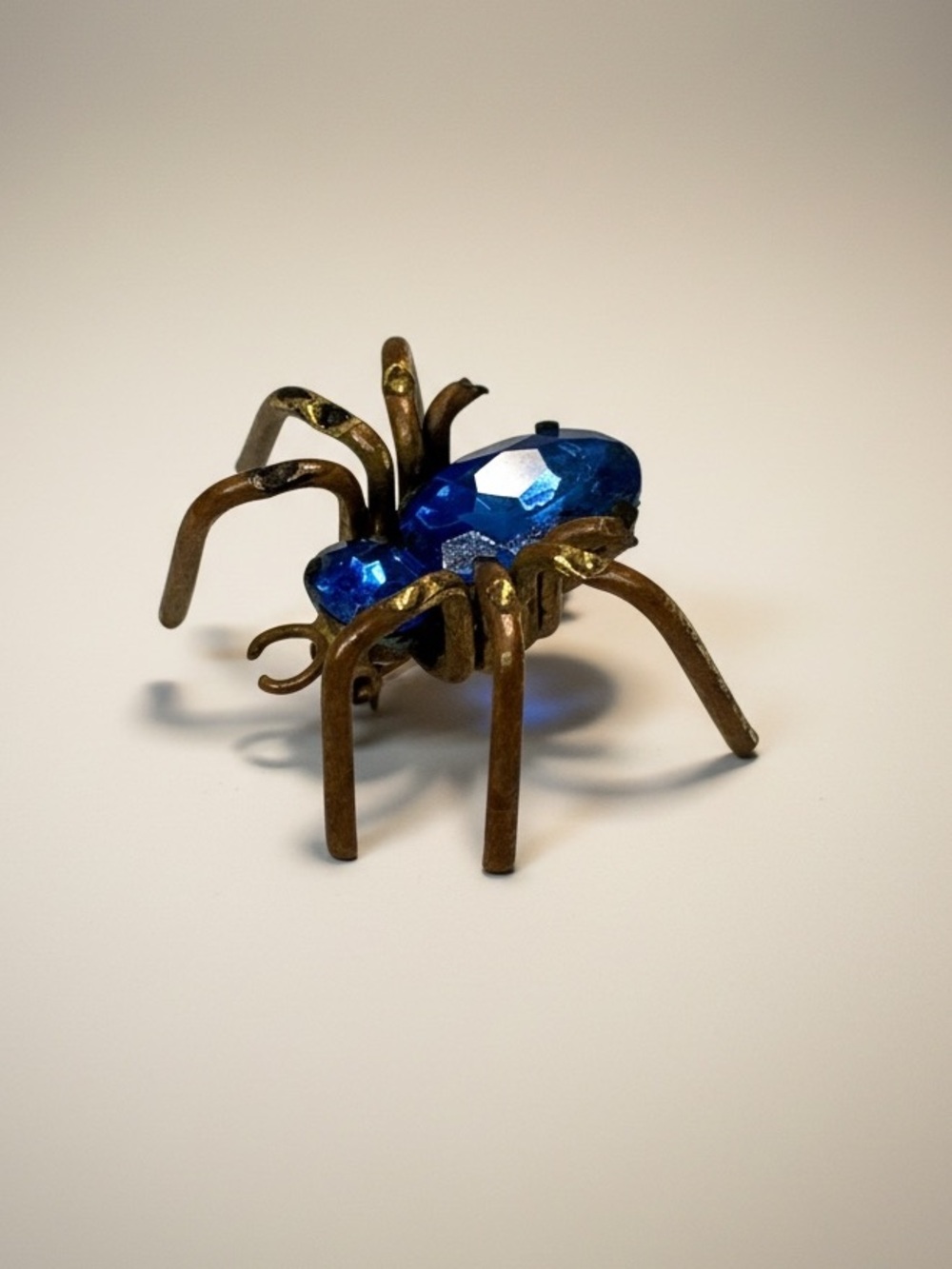 Antique Art Deco Czecho Spider Brooch Blue Rhinestone Glass Body Brass Wire